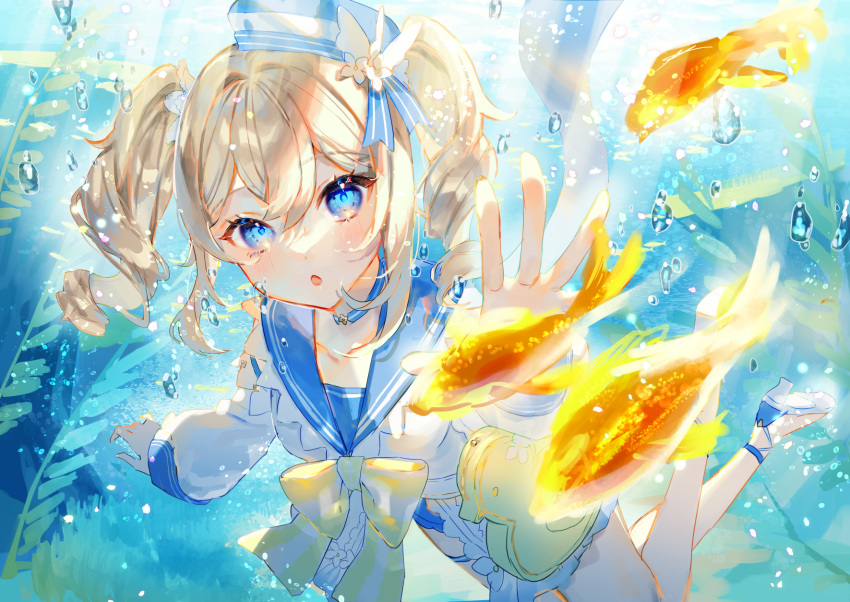 1girl :o barbara_(genshin_impact) blonde_hair blue_eyes blue_headwear blue_sailor_collar blush bubble collarbone dress drill_hair fish genshin_impact goldfish hair_between_eyes harushio heart high_heels highres looking_at_viewer open_mouth outstretched_arms sailor sailor_collar seaweed simple_background solo twin_drills underwear white_dress white_footwear