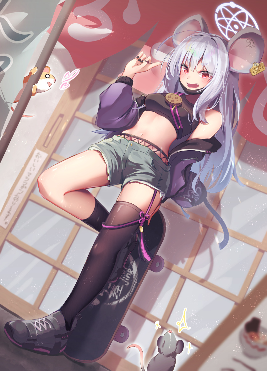 absurdres animal_ears asymmetrical_legwear black_mask black_thighhighs blue_archive casual crop_top denim denim_shorts ear_tag grey_footwear grey_hair highres jacket jewelry kry_oekk mask midriff mouse mouse_ears mouse_girl mouse_tail mouth_mask navel purple_jacket red_eyes saya_(blue_archive) saya_(casual)_(blue_archive) shoes short_eyebrows short_shorts shorts skateboard sneakers tail thigh-highs uneven_legwear