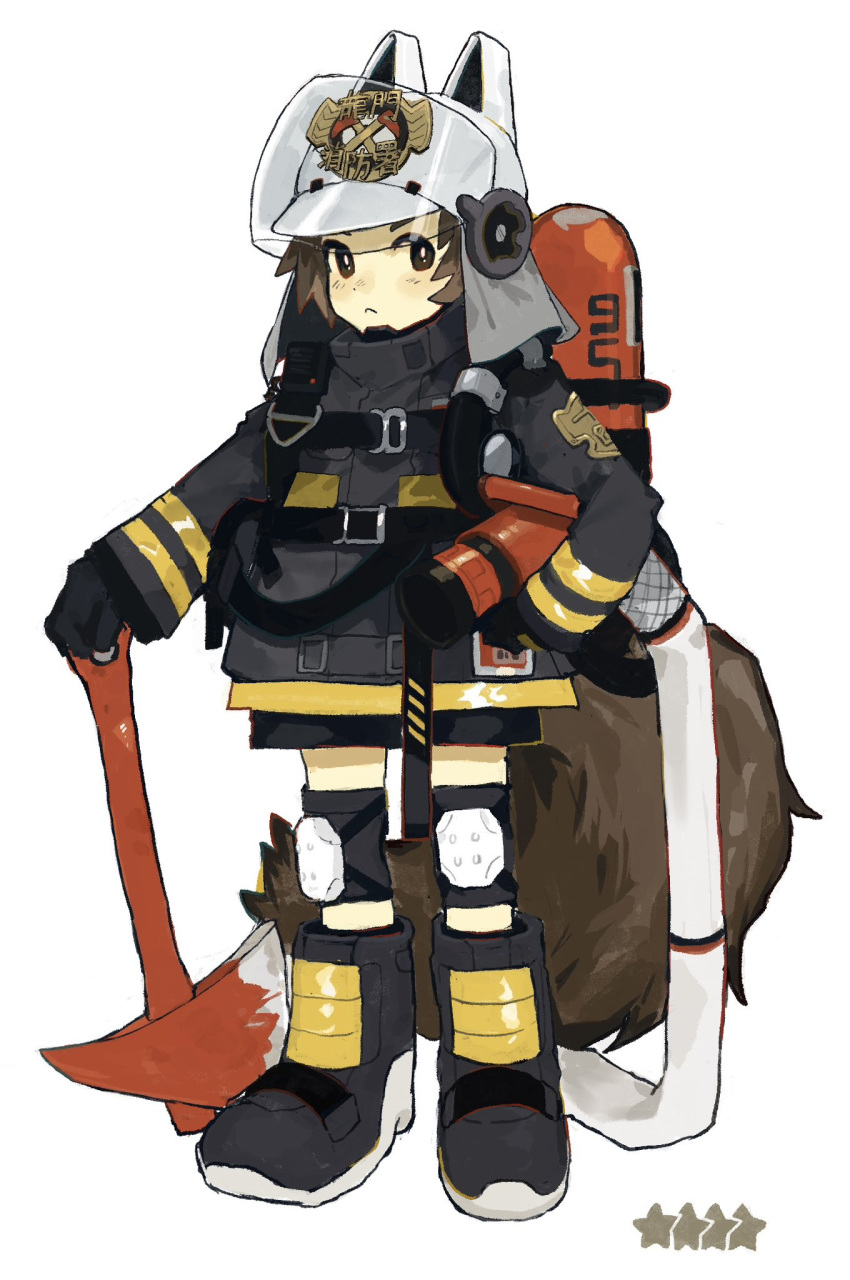 1girl animal_ears animal_helmet arknights axe black_footwear black_gloves black_jacket black_shorts boots brown_eyes brown_hair closed_mouth commentary_request fake_animal_ears fire_axe fire_helmet firefighter firefighter_jacket full_body gloves hand_on_own_hip highres jacket kakuremino_(mnt55) knee_pads looking_at_viewer oxygen_tank shaw_(arknights) shorts simple_background solo squirrel_ears squirrel_tail star_(symbol) tail white_background