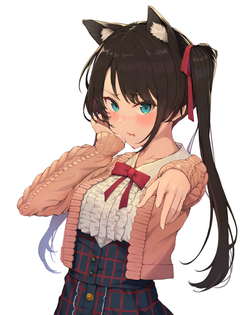 animal_ears aran_sweater bikini blue_eyes blue_skirt bow bowtie brown_hair cable_knit cat_ears center_frills commentary_request extra_ears fingernails frilled_shirt frilled_skirt frills hair_ribbon hand_on_own_cheek hand_on_own_face high-waist_skirt highres hololive kemonomimi_mode long_hair meme_attire official_alternate_costume official_alternate_hair_length official_alternate_hairstyle oozora_subaru oozora_subaru_(5th_costume) piisu pink_sweater plaid plaid_skirt reaching reaching_towards_viewer red_bow red_bowtie red_ribbon ribbon shirt skirt string_bikini sweater swept_bangs swimsuit twintails upper_body virgin_killer_outfit virtual_youtuber white_background white_shirt