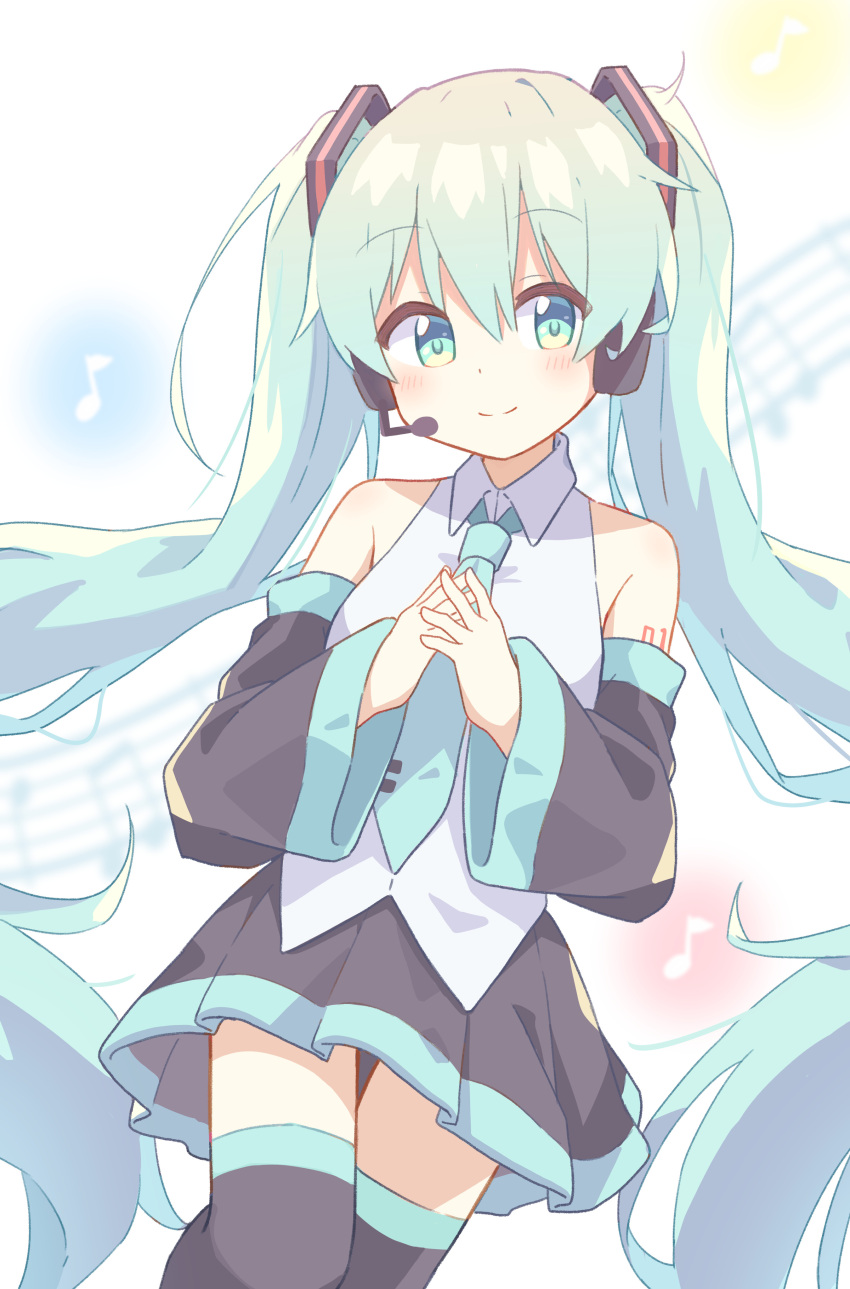 1girl absurdres aqua_eyes aqua_hair aqua_necktie black_skirt black_sleeves black_thighhighs closed_mouth collared_shirt detached_sleeves hair_ornament hand_on_own_chest hatsune_miku highres long_hair long_sleeves looking_at_viewer miniskirt musical_note necktie own_hands_clasped own_hands_together pleated_skirt ryoku_sui shirt simple_background skirt sleeveless sleeveless_shirt smile solo standing thigh-highs twintails underwear very_long_hair vocaloid white_background zettai_ryouiki