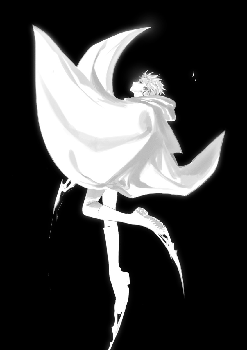 1boy blade boots cloak floating from_side full_body glowing greyscale highres hood hood_down hooded_cloak knee_boots looking_ahead male_focus millions_knives monochrome plantar_flexion profile shards shoe_blade short_hair simple_background solo suet00t00 trigun trigun_stampede
