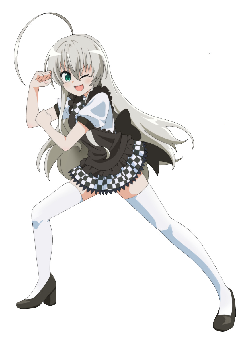 1girl ;d absurdres ahoge apron black_apron black_footwear checkered_clothes checkered_skirt clenched_hands frilled_apron frills full_body green_eyes grey_hair hair_between_eyes haiyore!_nyaruko-san hands_up high_heels highres long_hair looking_at_viewer nyarlathotep_(nyaruko-san) nyaru_(nyaru_4126) one_eye_closed pleated_skirt puffy_short_sleeves puffy_sleeves shirt shoes short_sleeves simple_background skirt smile solo thigh-highs very_long_hair white_background white_shirt white_thighhighs