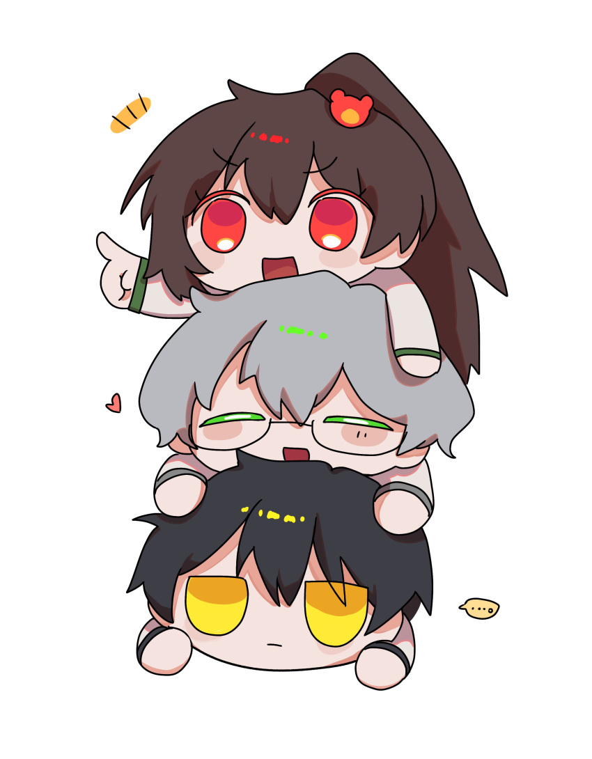 1girl 2boys absurdres ayin_(project_moon) bear_hair_ornament benjamin_(project_moon) black_hair brown_hair carmen_(project_moon) chibi em3ang glasses green_eyes grey_hair hair_ornament high_ponytail highres lobotomy_corporation long_hair multiple_boys open_mouth pointing project_moon red_eyes simple_background smile very_long_hair white_background yellow_eyes