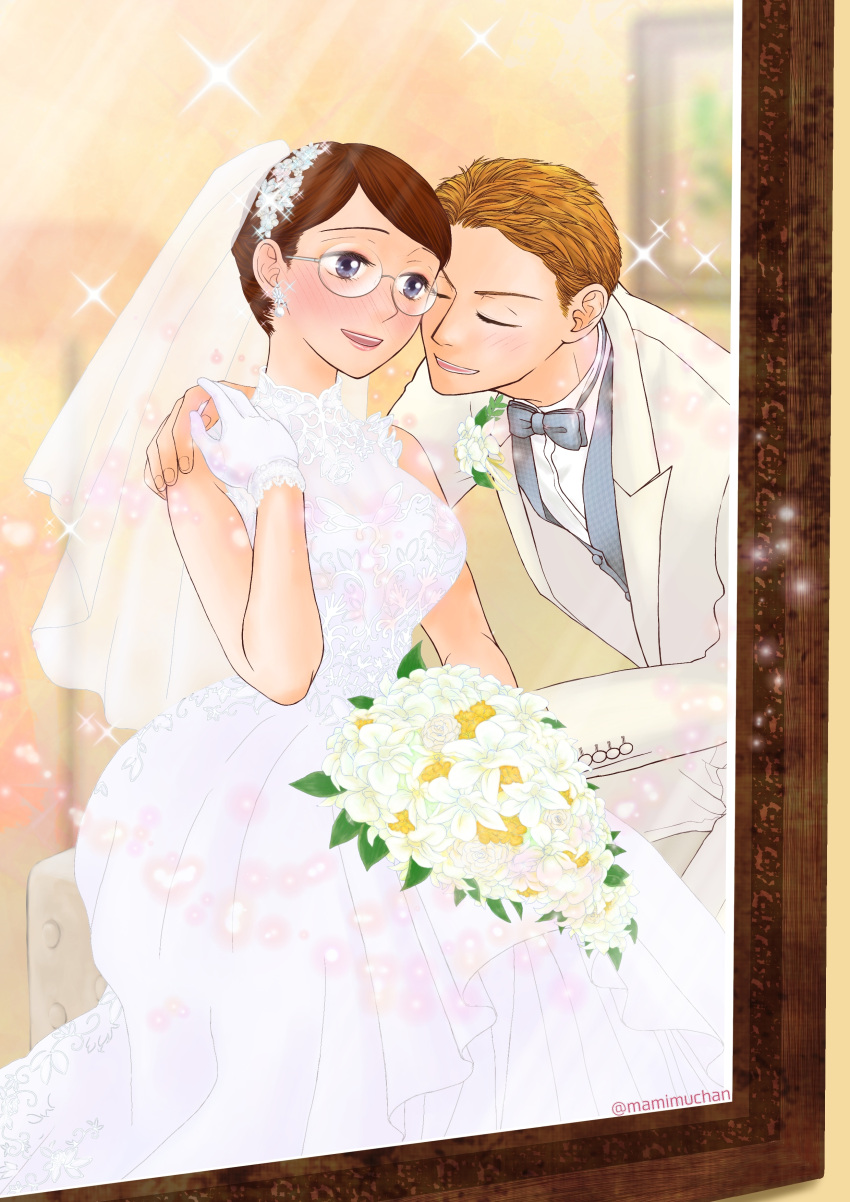 1boy 1girl absurdres artist_name ase_to_sekken blush bouquet boutonniere bow bowtie brown_hair closed_eyes dress earrings glasses gloves grey_bow grey_bowtie hetero highres husband_and_wife indoors jewelry lace_trim long_sleeves mamimuchan natori_koutarou open_mouth picture_frame sitting sleeveless sleeveless_dress smile sparkle suit wedding_dress white_dress white_gloves white_suit yaeshima_asako