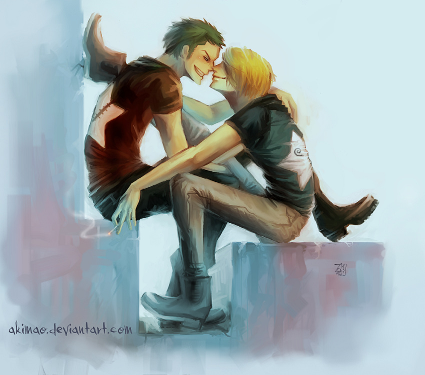 2boys akimao alternate_costume asymmetrical_bangs black_footwear blonde_hair blush cigarette closed_mouth face-to-face from_side full_body green_hair hair_over_one_eye holding holding_cigarette male_focus multiple_boys one_piece parted_bangs roronoa_zoro sanji_(one_piece) shoes short_hair signature sitting smile smoke teeth web_address