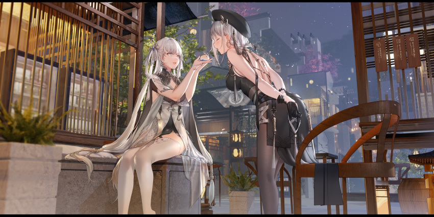 2girls barrel black_headwear blue_eyes bracelet chair character_request closed_eyes dress gloves grey_hair half_gloves highres jewelry leaning_forward long_hair multiple_girls outdoors scenery sitting swd3e2 thigh-highs tree very_long_hair wuthering_waves