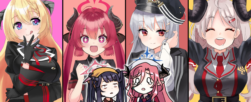 +_+ 6+girls :d :q absurdres adjusting_hair akari_(blue_archive) arms_up black_coat black_hair blonde_hair blue_archive blue_eyes blunt_bangs bow braid chibi chibi_inset clenched_hands coat coat_on_shoulders commentary_request demon_girl demon_horns drooling forehead fuuka_(blue_archive) grey_hair hair_between_eyes hair_bow hair_ornament hair_ribbon hairclip halo haruna_(blue_archive) hat highres horns izumi_(blue_archive) junko_(blue_archive) juri_(blue_archive) long_hair long_sleeves looking_at_viewer multiple_girls outstretched_arms peaked_cap red_eyes redhead ribbon saibashi_(develop_komono) school_uniform serafuku short_sleeves sidelocks simple_background single_braid smile sparkling_eyes spread_arms symbol-shaped_pupils tearing_up tongue tongue_out twintails white_headwear x-shaped_pupils yellow_headwear