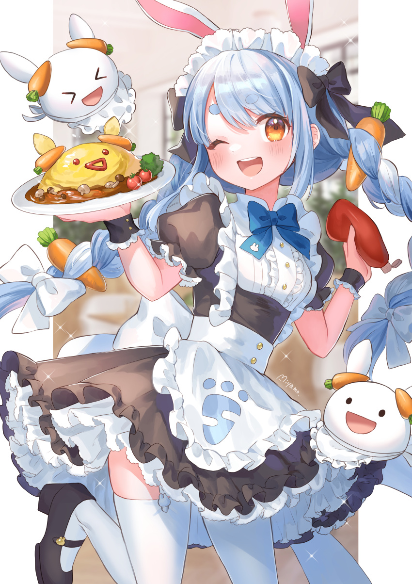 1girl ;d absurdres alternate_costume animal_ears apron back_bow black_dress blue_bow blue_bowtie blue_hair blurry blurry_background bottle bow bowtie braid carrot_hair_ornament commentary creature dress enmaided extra_ears food food-themed_hair_ornament foot_out_of_frame frilled_apron frilled_dress frilled_sleeves frills hair_bow hair_ornament hands_up highres hikimayu holding holding_bottle holding_plate hololive indoors ketchup_bottle leg_up long_hair maid maid_apron maid_headdress miyamo_(fumifumi_no_ura) multicolored_hair omelet omurice one_eye_closed open_mouth orange_eyes outside_border pekomon_(usada_pekora) pillarboxed plate puffy_short_sleeves puffy_sleeves rabbit_ears short_sleeves signature smile solo sparkle standing standing_on_one_leg swept_bangs thigh-highs twin_braids two-tone_hair usada_pekora virtual_youtuber waist_apron white_apron white_hair white_thighhighs wrist_cuffs