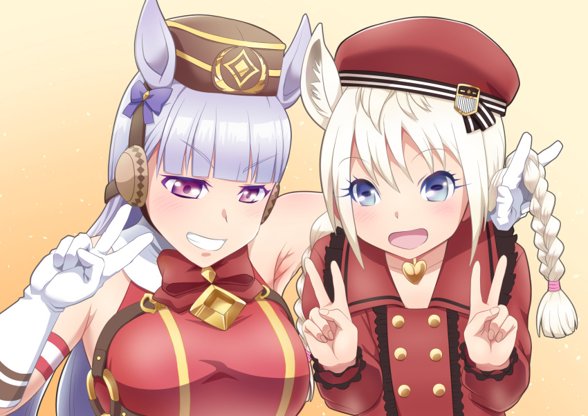 2girls animal_ear_fluff animal_ears arm_around_neck arm_up armpits blonde_hair blue_eyes blunt_bangs bow bowtie braid commentary_request crossover double_v ear_bow ear_covers eyelashes gold_ship_(umamusume) gradient_background grin hair_lift hand_up hands_up hat highres holding holding_another's_hair horizontal_pupils horse_ears kemono_friends long_hair long_sleeves looking_at_viewer low-tied_long_hair multiple_girls official_alternate_costume open_mouth parted_bangs pillbox_hat pink_eyes purple_hair sailor_collar sailor_shirt sasuke10g shirt side-by-side sleeveless smile species_connection twin_braids umamusume upper_body v v-shaped_eyebrows very_long_hair white_thoroughbred_(kemono_friends)
