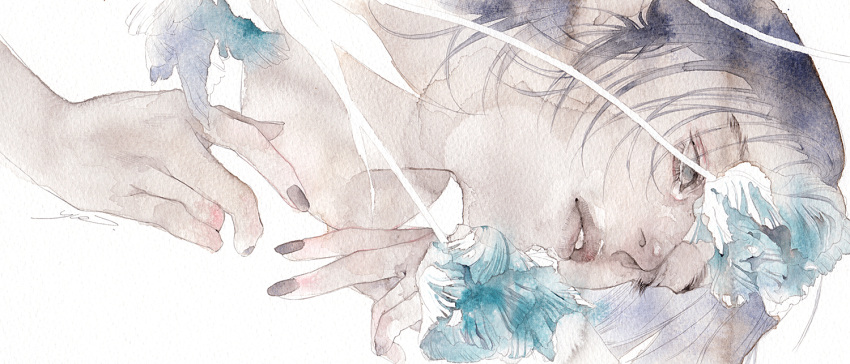 1girl black_hair black_nails blue_flower close-up expressionless fingernails flower grey_eyes looking_ahead nail_polish original painting_(medium) parted_lips portrait simple_background solo traditional_media watercolor_(medium) white_background yue_(memento1113)