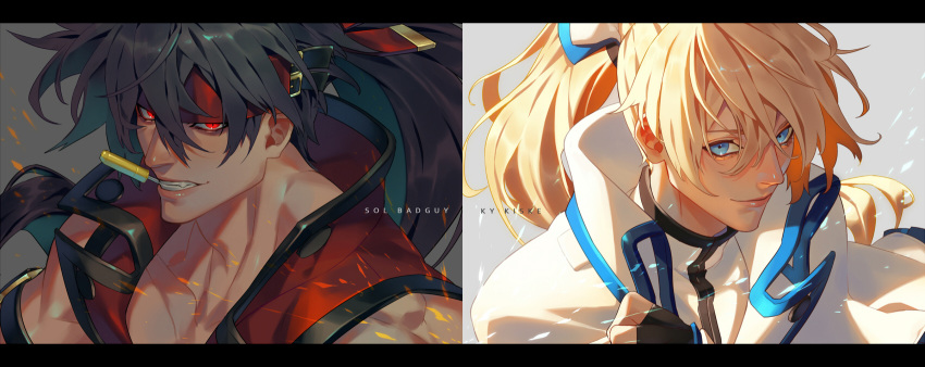 2boys artist_name black_gloves blonde_hair blue_eyes brown_hair father-in-law_and_son-in-law fingerless_gloves forehead_protector gloves guilty_gear guilty_gear_xrd hair_between_eyes headband highres ky_kiske long_hair long_sleeves looking_at_viewer male_focus multiple_boys muscular muscular_male ponytail red_eyes ribbon smile sol_badguy spiky_hair tail tail_ornament tail_ribbon talgi