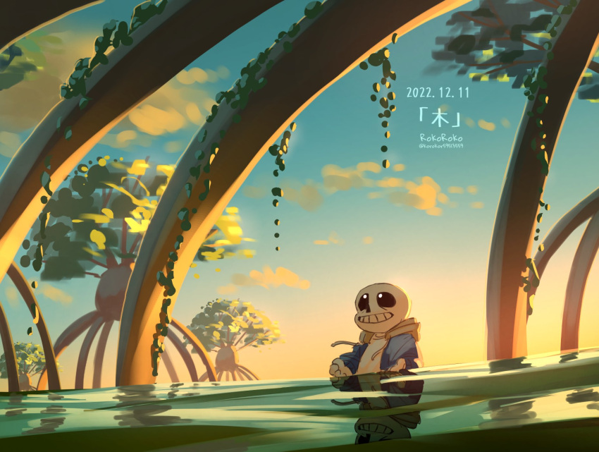 1boy artist_name blue_jacket clouds dated highres hood hood_down hooded_jacket jacket korokor59513559 male_focus open_clothes open_jacket outdoors partially_submerged reflection reflective_water sans shirt skeleton sky solo sunset teeth tree twitter_username undertale water white_shirt