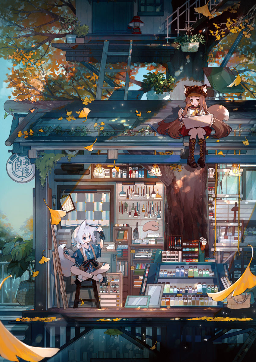 2girls animal_ears brown_eyes brown_hair building commentary_request day drawing falling_leaves fox fox_ears fox_girl fox_tail highres holding indian_style ladder leaf light multiple_girls nekoolantern original outdoors paint paintbrush plant potted_plant railing red_skirt shelf shirt sitting skirt stairs stool storefront tail tree white_shirt yellow_leaves