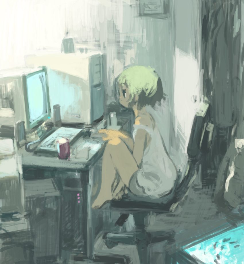 1girl bare_legs barefoot can chair commentary_request computer copyright_request full_body green_hair grey_shorts highres indoors knees_up monitor moripate_(naohito) shirt short_hair shorts sitting solo white_shirt