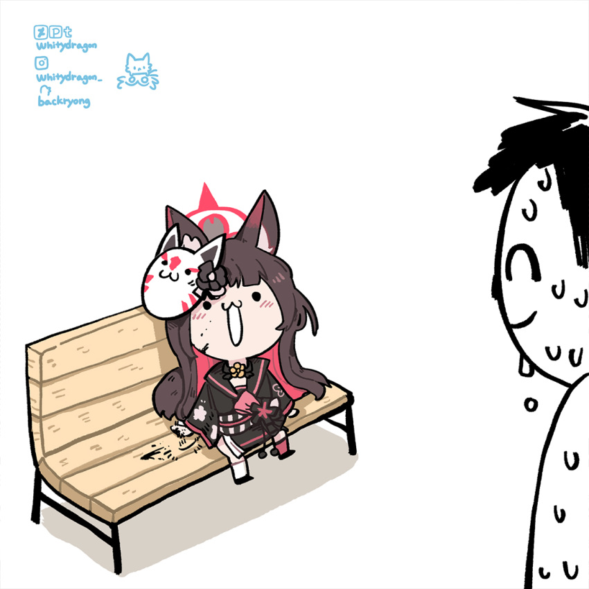 1boy 1girl :3 :d animal_ear_fluff animal_ears arona's_sensei_doodle_(blue_archive) asymmetrical_legwear bench black_hair blood blood_on_face blood_splatter blue_archive blunt_bangs blush chibi choker colored_inner_hair commentary english_commentary fox_ears fox_girl fox_mask fox_tail halo japanese_clothes long_hair long_sleeves looking_at_another mask mismatched_legwear multicolored_hair nervous_sweating obi out_of_frame park_bench sash school_uniform sensei_(blue_archive) serafuku sidelocks simple_background sitting_on_bench smile sweat tail two-tone_hair wakamo_(blue_archive) white_background whitydragon