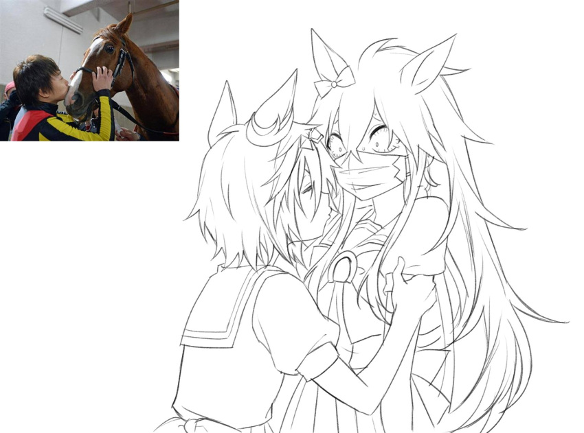 1boy 2girls arm_grab bow bowtie closed_eyes creature_and_personification durandal_(racehorse) ear_bow ear_ornament fukuro_(maruaru00) genderswap genderswap_(mtf) hair_between_eyes height_difference highres horse ikezoe_ken'ichi imitating imminent_kiss jockey kiss lineart long_hair long_sleeves mask messy_hair mouth_mask multiple_girls orfevre_(racehorse) orfevre_(umamusume) original personification photo-referenced photo_inset pleated_skirt puffy_short_sleeves puffy_sleeves real_life reference_inset reins short_hair short_sleeves skirt umamusume upper_body very_long_hair waist_bow wide-eyed yuri