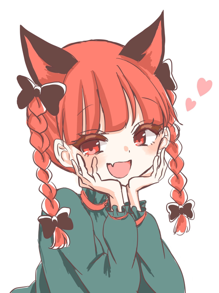 1girl animal_ears braid cat_ears cat_girl commentary_request heart heart-shaped_pupils highres kaenbyou_rin long_sleeves looking_at_viewer one-hour_drawing_challenge puffy_long_sleeves puffy_sleeves red_eyes redhead smile solo symbol-shaped_pupils touhou twin_braids waramori_fuzuka