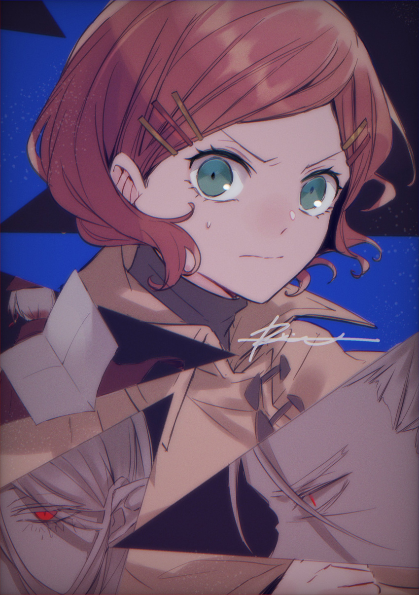 1girl 3boys absurdres blue_background blue_eyes bram_stoker_(bungou_stray_dogs) brown_jacket bungou_stray_dogs closed_mouth facing_away frown fukuchi_ouchi_(bungou_stray_dogs) hat highres jacket koda_aya_(bungou_stray_dogs) multiple_boys orange_hair profile r1kuuw red_eyes red_headwear short_hair sweatdrop upper_body v-shaped_eyebrows white_hair