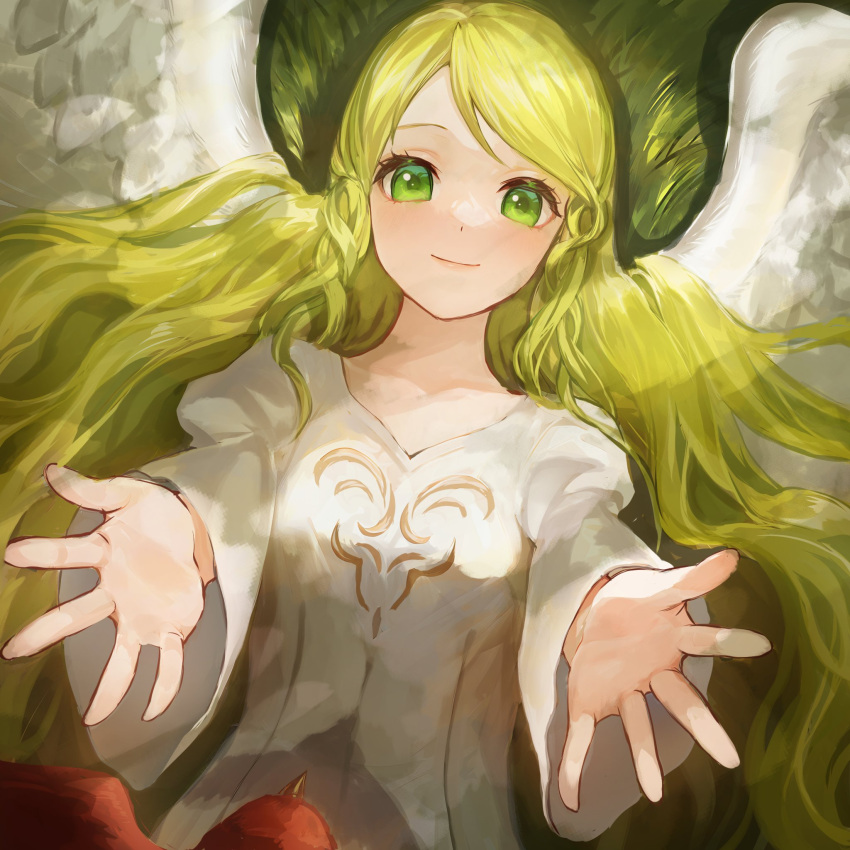 1girl angel_wings bird blonde_hair commentary_request dress english_commentary fire_emblem fire_emblem:_path_of_radiance fire_emblem:_radiant_dawn green_eyes highres jurge leanne_(fire_emblem) long_hair looking_at_viewer lying mixed-language_commentary outdoors outstretched_arms reaching reaching_towards_viewer smile solo white_dress wings