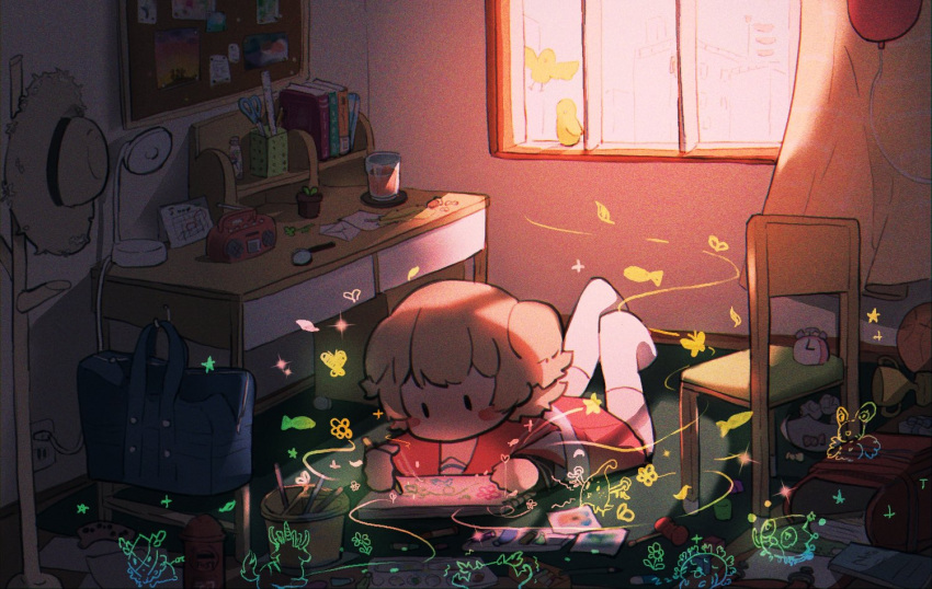 1girl aino_mito alarm_clock backpack bag ball balloon blush_stickers brown_hair bug bulletin_board butterfly chair clock creature cup curtains desk drawing electrical_outlet feet_up fish flower_pot hat heart holding holding_pen indoors kamihama_university_affiliated_school_uniform kashi_neko lamp layered_sleeves letter loaded_interior long_sleeves lying magia_record:_mahou_shoujo_madoka_magica_gaiden mahou_shoujo_madoka_magica messy messy_room miniskirt no_mouth no_shoes on_floor on_stomach paint pen plant potted_plant red_sailor_collar red_skirt sailor_collar sailor_shirt school_uniform scissors serafuku shirt short_hair short_over_long_sleeves short_sleeves skirt socks solid_oval_eyes solo sparkle straw_hat toy trophy two_side_up white_shirt white_socks window