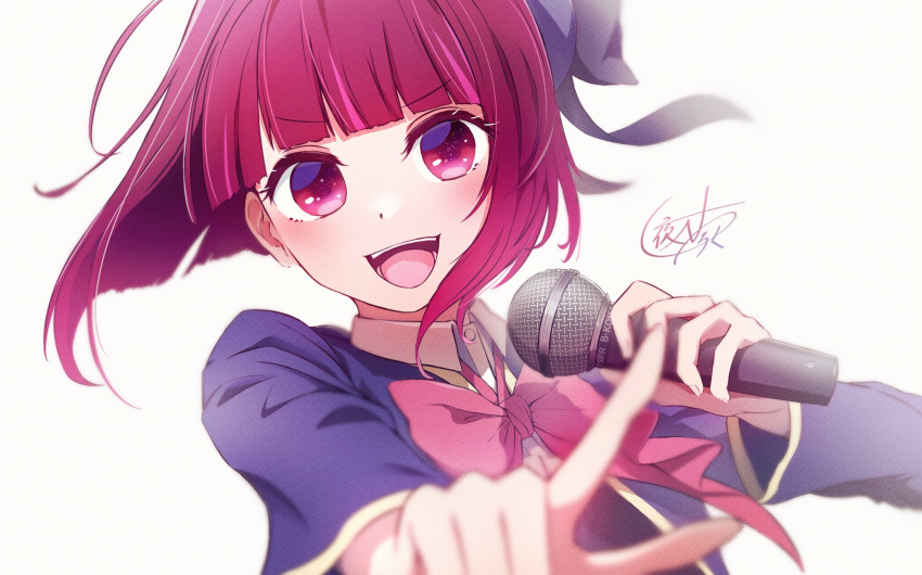 1girl arima_kana beret blue_headwear blue_vest bob_cut collar happy hat hat_ribbon highres holding holding_microphone inverted_bob looking_at_another microphone open_mouth oshi_no_ko pink_ribbon red_eyes redhead ribbon school_uniform short_hair simple_background smile upper_body vest white_background white_collar yatoroku youtou_high_school_uniform