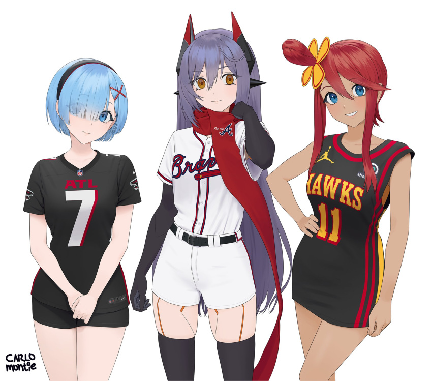 3girls arm_at_side artist_name atlanta_braves atlanta_falcons atlanta_hawks baseball_jersey baseball_uniform basketball_jersey belt black_belt black_hairband black_shirt black_shorts black_thighhighs blue_eyes blue_hair carlo_montie character_request closed_mouth commission copyright_request cowboy_shot crossover eyes_visible_through_hair grin hair_between_eyes hair_ornament hair_over_one_eye hairband hand_on_own_hip hand_up highres long_hair looking_at_viewer multiple_girls number_print one_side_up own_hands_together pokemon purple_hair re:zero_kara_hajimeru_isekai_seikatsu red_scarf redhead rem_(re:zero) scarf shirt shirt_tucked_in short_hair short_hair_with_long_locks short_sleeves shorts simple_background skyla_(pokemon) sleeveless sleeveless_shirt smile sportswear thigh-highs v_arms very_long_hair white_background white_shirt white_shorts white_thighhighs x_hair_ornament yellow_eyes