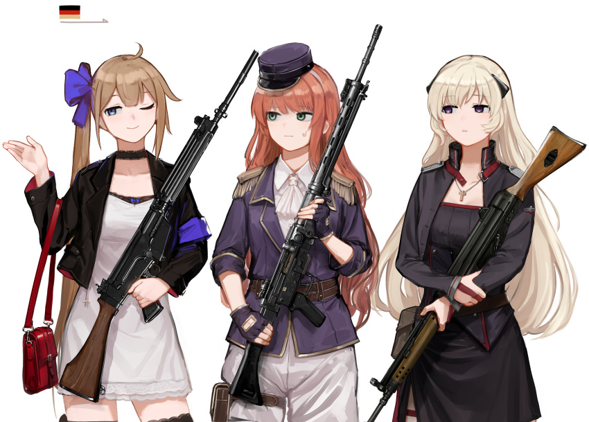 3girls armband ascot bag battle_rifle belt black_dress black_jacket black_thighhighs blonde_hair blue_armband blue_bow blue_eyes blue_gloves blue_headwear bow brown_hair closed_mouth collarbone collared_shirt cowboy_shot cowlick cross cross_necklace dress dress_shirt epaulettes fal_(girls'_frontline) fingerless_gloves fn_fal g3_(girls'_frontline) german_flag girls_frontline gloves green_eyes gun h&amp;k_g3 hair_between_eyes hair_bow hat highres holding holding_gun holding_weapon jacket jewelry leather_belt long_hair military_hat military_jacket multiple_girls necklace one_eye_closed open_mouth orange_hair rampart1028 red_bag rifle shirt shoulder_bag side_ponytail sidelocks sig-510_(girls'_frontline) sig_sg510 simple_background smile standing sweatdrop thigh-highs thigh_pouch very_long_hair violet_eyes weapon white_ascot white_background white_dress white_shirt