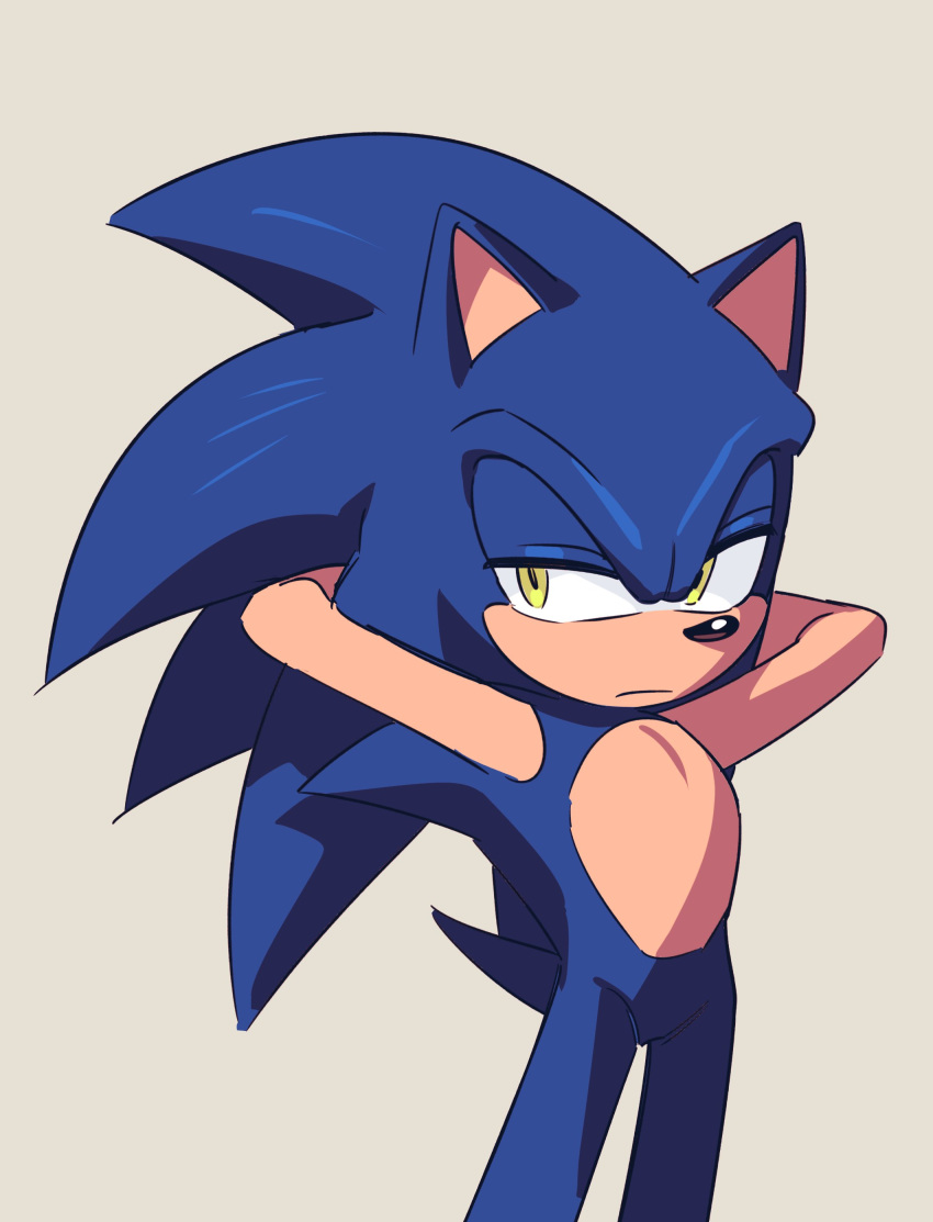 1boy absurdres animal_ears animal_nose arms_behind_head arms_up blue_fur closed_mouth furry furry_male green_eyes half-closed_eyes hedgehog hedgehog_ears hedgehog_tail highres hyeon_sonic looking_at_viewer male_focus simple_background solo sonic_(series) sonic_the_hedgehog tail white_background