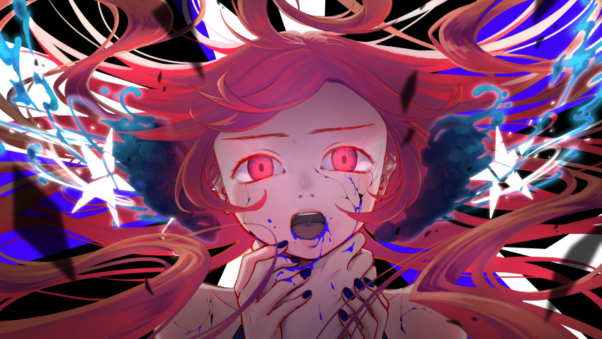 1girl asphyxiation blood blood_from_mouth blue_blood crack cracked_skin ghost_rule_(vocaloid) glowing glowing_eyes highres kyou_kzn long_hair looking_at_viewer nail_polish open_mouth raised_eyebrows red_eyes redhead sf-a2_miki solo strangling upper_body vocaloid