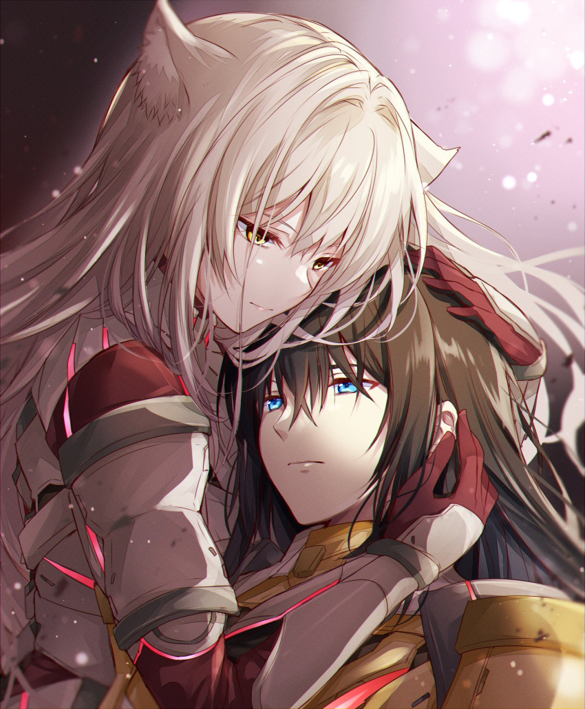 1boy 1girl animal_ear_fluff animal_ears armor armored_bodysuit black_hair blue_eyes bodysuit cat_ears closed_mouth commentary_request expressionless gloves grey_hair hair_between_eyes hands_on_another's_head highres long_hair m_(xenoblade) n_(xenoblade) red_gloves ui_frara very_long_hair xenoblade_chronicles_(series) xenoblade_chronicles_3 yellow_eyes