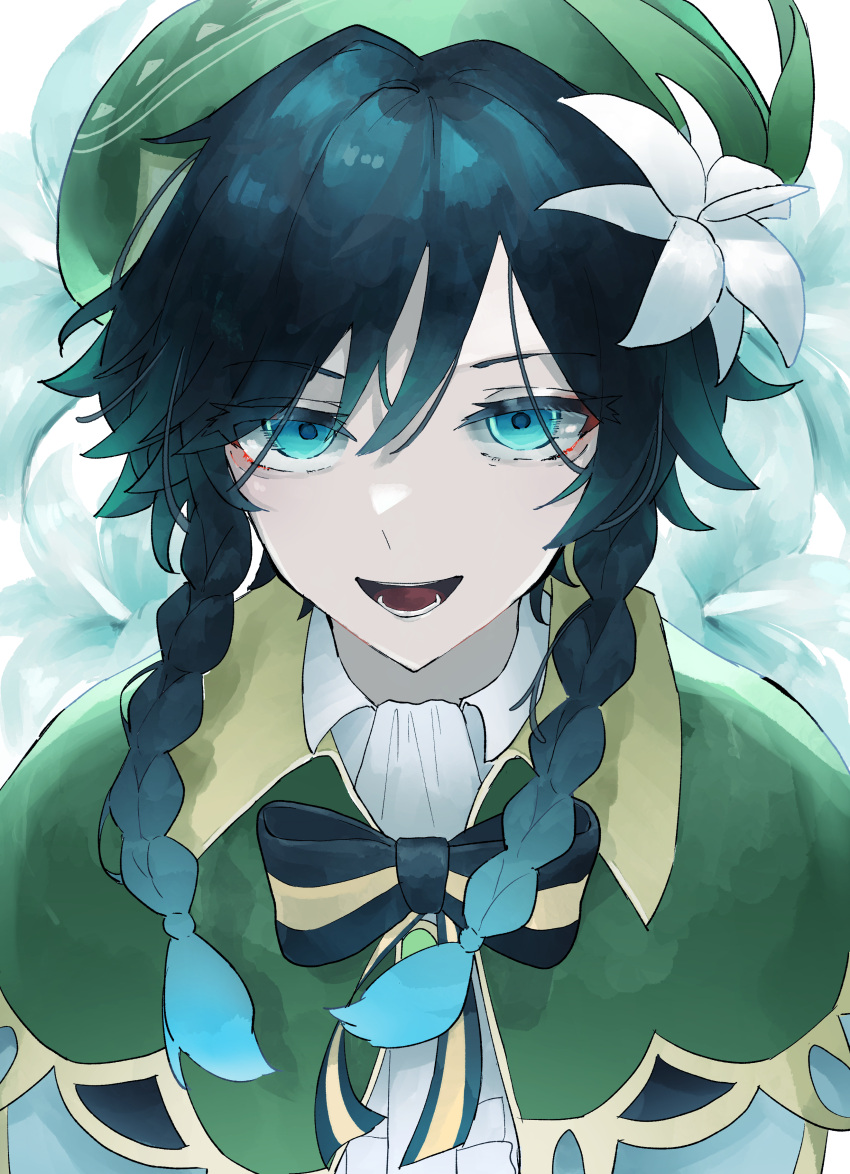 1boy absurdres androgynous aqua_eyes aqua_hair beret black_bow black_bowtie blue_hair bow bowtie cape collared_shirt dark_blue_hair flower genshin_impact gradient_hair green_cape green_headwear hair_flower hair_ornament hat highres looking_at_viewer male_focus multicolored_hair open_mouth shirt short_hair_with_long_locks smile solo striped striped_bow striped_bowtie swept_bangs takuwa_(t4kuw4) upper_body venti_(genshin_impact) white_flower white_shirt