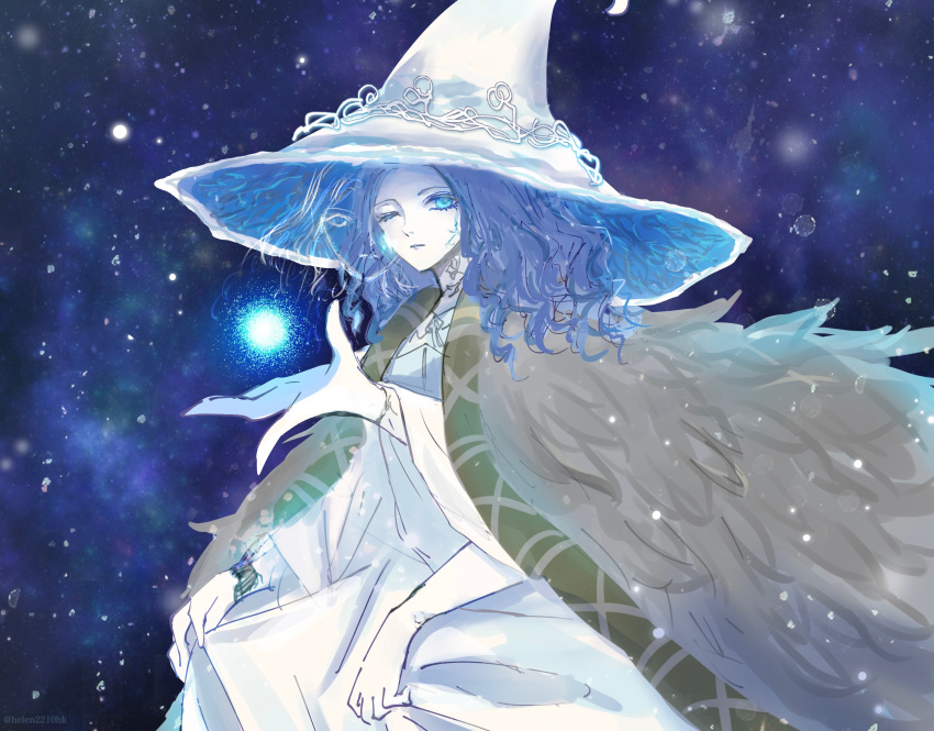 1girl absurdres blue_eyes blue_hair blue_headwear blue_light blue_skin casting_spell cloak colored_skin cracked_skin elden_ring extra_arms extra_faces fur_cloak hat hele highres holding holding_clothes holding_skirt large_hat magic night night_sky orb ranni_the_witch skirt sky star_(sky) starry_sky witch witch_hat