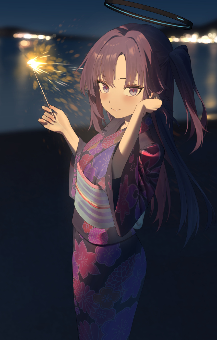 1girl absurdres alternate_costume beach blue_archive blurry blurry_background blush breasts city_lights clear_sky clenched_hand closed_mouth commentary fireworks floral_print from_side hair_intakes halo hand_in_own_hair head_tilt highres holding_fireworks japanese_clothes kimono large_breasts long_hair long_sleeves looking_at_viewer mechanical_halo mr-shin night night_sky obi obiage obijime one_side_up outdoors parted_bangs print_kimono purple_hair sash scenery sidelocks sky smile solo sparkler violet_eyes water wide_sleeves yukata yuuka_(blue_archive)