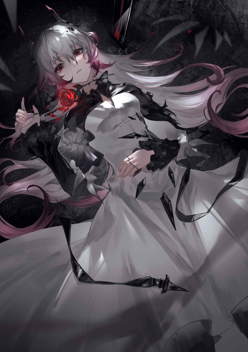 1girl absurdres arknights black_dress black_ribbon dress flower hand_in_own_hair hand_on_own_stomach highres horns infection_monitor_(arknights) long_hair looking_at_viewer onlly pink_hair puffy_sleeves red_eyes red_flower ribbon simple_background theresa_(arknights) white_dress white_hair