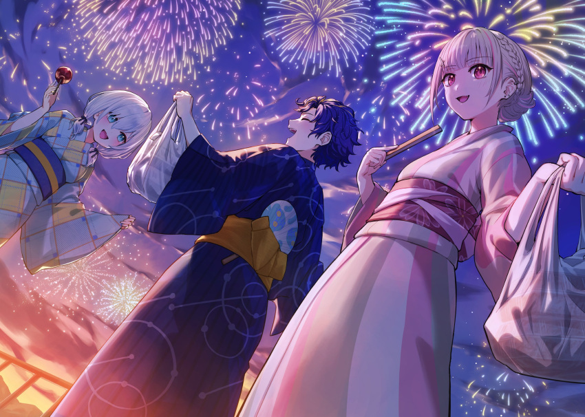 1boy 2girls ars_almal astel_leda asumi_sena bag blue_eyes blue_hair blush candy_apple closed_eyes earrings fireworks food hair_between_eyes hair_bun hand_fan highres holding holding_bag holostars japanese_clothes jewelry kimono laughing looking_at_another looking_at_viewer multicolored_hair multiple_earrings multiple_girls nemoto_yuuma night night_sky nijisanji open_mouth pink_eyes pink_hair plastic_bag print_kimono sash short_hair short_twintails sidelighting sky smile streaked_hair summer_festival sunset teeth twintails upper_teeth_only vspo! white_hair yellow_sash
