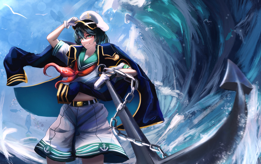 1girl absurdres anchor anchor_symbol black_coat black_hair chain coat commentary_request gloves green_eyes green_sailor_collar grin hair_between_eyes hat highres murasa_minamitsu navel neckerchief peaked_cap red_neckerchief revision sailor_collar sailor_shirt shirt short_hair short_sleeves shorts smile solo touhou water white_gloves white_headwear white_shirt white_shorts yuhel