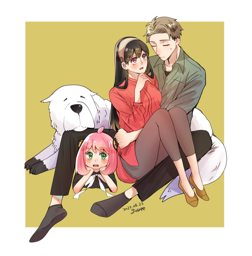 1boy 2girls ahoge anya_(spy_x_family) arm_around_waist black_hair black_pants black_socks blonde_hair blush bond_(spy_x_family) breasts brown_socks child closed_eyes collared_shirt dog earrings full_body gold_earrings green_eyes green_shirt grey_pants hairband hairpods hand_to_own_mouth highres jewelry long_hair long_sleeves looking_at_another lying medium_breasts medium_hair multiple_girls neckerchief no_shoes on_stomach open_mouth pants parted_bangs pink_hair red_eyes red_sweater shirt short_hair sitting socks spy_x_family sweatdrop sweater twilight_(spy_x_family) umini_ikukara white_footwear white_hairband white_neckerchief yellow_background yor_briar