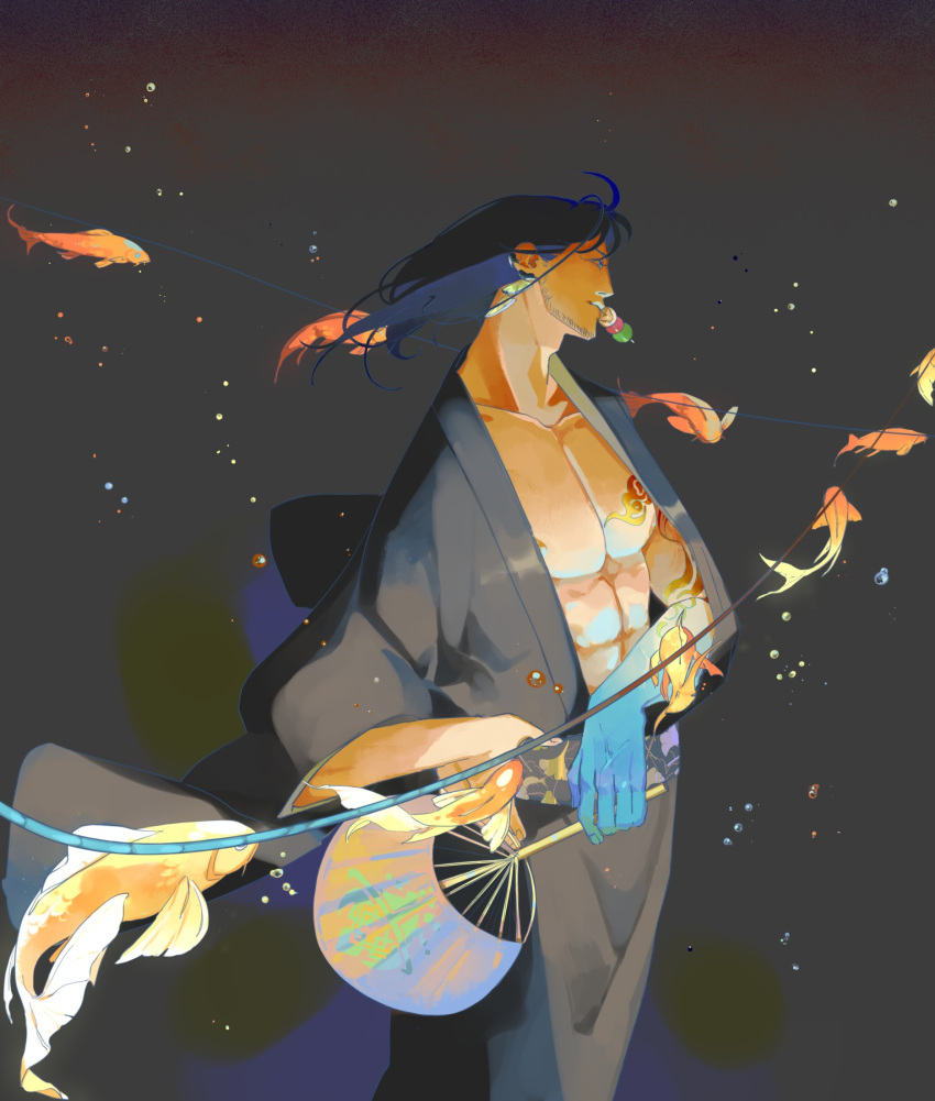 1boy abs arm_tattoo basilicca black_hair black_kimono bubble collarbone dango earrings english_commentary facial_hair fish flying_fish food food_in_mouth from_side hand_fan highres holding holding_fan holostars holostars_english japanese_clothes jewelry josuiji_shinri kimono koi large_pectorals looking_ahead male_focus medium_hair muscular muscular_male open_clothes open_kimono paper_fan pectorals shoulder_tattoo simple_background solo standing tassel tassel_earrings tattoo wagashi