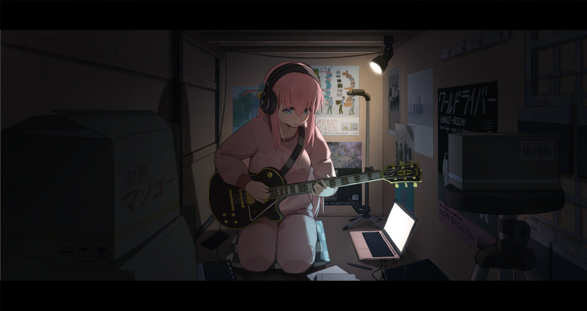 1girl absurdres blue_eyes bocchi_the_rock! box cardboard_box closed_mouth computer cube_hair_ornament dark electric_guitar fatzhai gotoh_hitori guitar hair_ornament headphones highres holding holding_instrument indoors instrument jacket kneeling laptop letterboxed long_hair looking_down one_side_up pants pink_hair pink_jacket pink_pants poster_(object) seiza sitting solo track_jacket