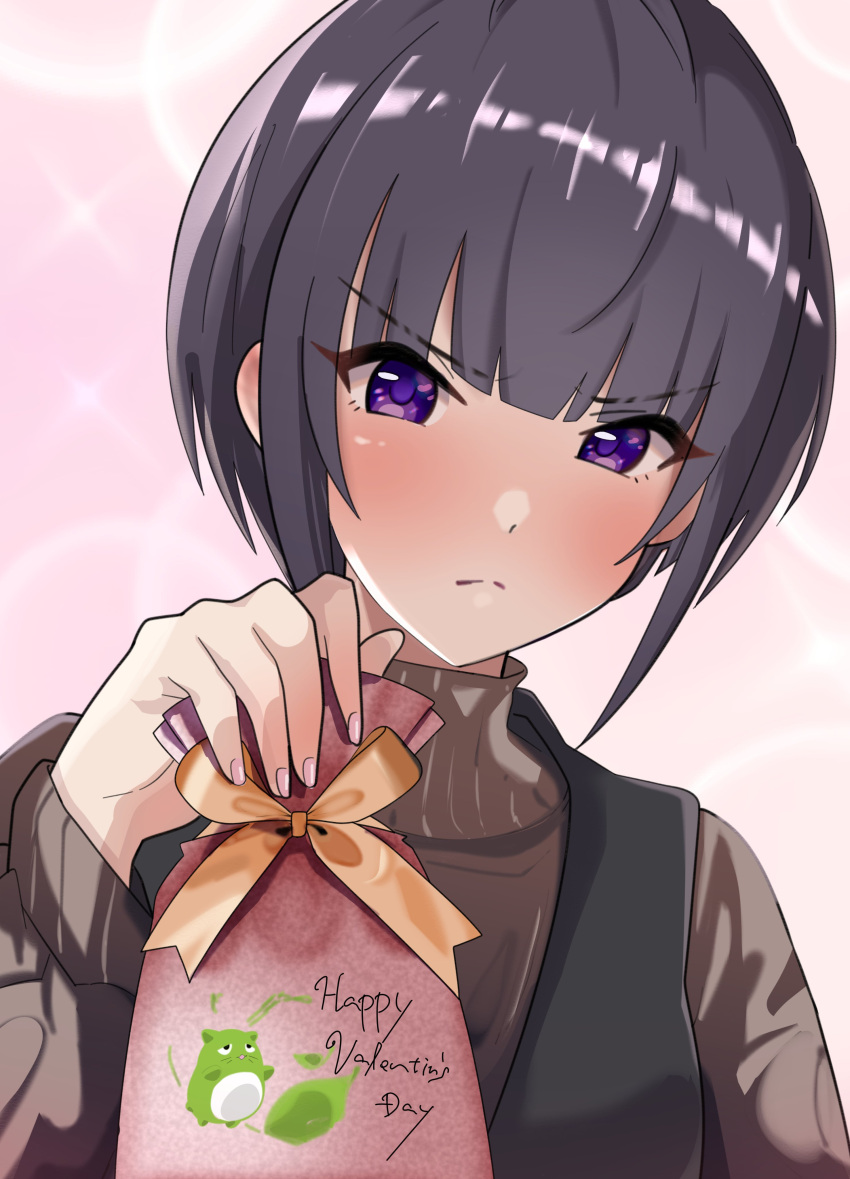 1girl absurdres black_hair blunt_bangs blush bob_cut brown_sweater chocolate closed_mouth dot_nose flat_chest food hand_up highres holding holding_chocolate holding_food idolmaster idolmaster_cinderella_girls idolmaster_cinderella_girls_starlight_stage long_sleeves looking_at_viewer mitche nail_polish pina_korata pink_background pink_nails shirayuki_chiyo short_hair shy solo sparkle sweater upper_body v-shaped_eyebrows valentine violet_eyes