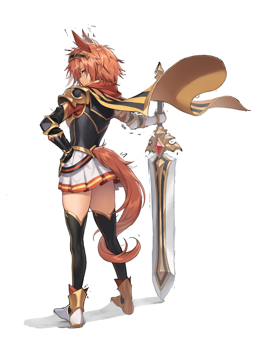 1girl animal_ears armor black_thighhighs blue_eyes brown_hair cape charisma_break cuirass durandal_(racehorse) ear_covers from_behind fukuro_(maruaru00) full_body greatsword hairband heavy highres holding holding_sword holding_weapon horse_ears horse_girl horse_tail looking_at_viewer miniskirt original pauldrons personification sabaton shadow short_hair shoulder_armor sideways_glance simple_background skirt solo striped_cape sword tail tail_around_own_leg tail_through_clothes thigh-highs trembling vambraces weapon white_background yellow_cape