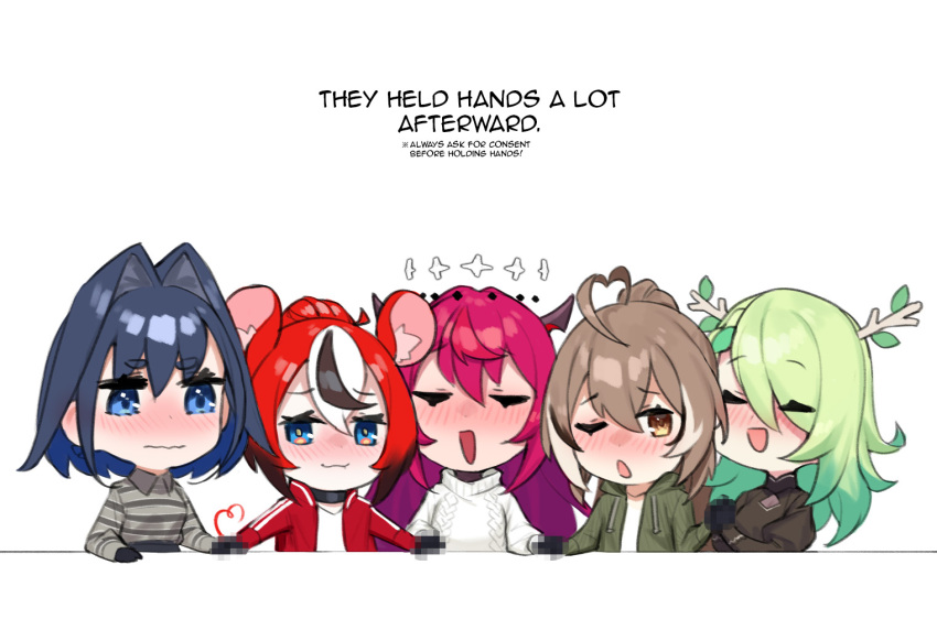 5girls ahoge animal_ears antlers black_hair blue_eyes blue_hair blush branch breasts brown_eyes brown_hair censored ceres_fauna collar crystal_wings dasdokter double_halo eye_contact gloves green_hair hair_intakes hakos_baelz halo holding_hands holocouncil hololive hololive_english horns irys_(1st_costume)_(hololive) irys_(hololive) large_breasts long_hair looking_at_another mosaic_censoring mouse_ears mouse_girl mouse_tail multicolored_hair multiple_girls multiple_horns nanashi_mumei open_mouth ouro_kronii ponytail purple_hair redhead short_hair smile star_halo streaked_hair tail very_long_hair virtual_youtuber white_hair