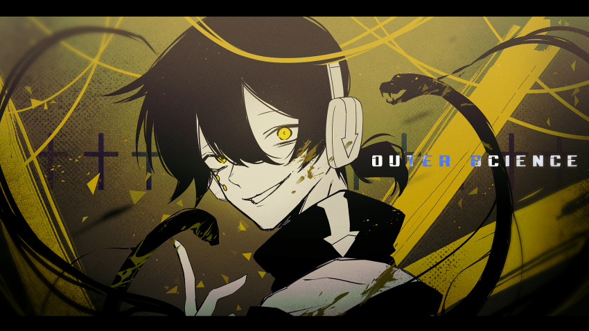 1boy arrow_(symbol) arrow_print black_background black_hair blurry brown_background brush_stroke cable collarbone colored_text commentary_request cross dark_konoha double-parted_bangs evil_smile facial_mark fangs gomagomabura1010 gradient_background headphones highres kagerou_project konoha_(kagerou_project) latin_cross letterboxed long_bangs looking_at_viewer male_focus neck_warmer open_mouth outer_science_(vocaloid) parted_lips portrait short_hair short_ponytail smile snake solo song_name splatter triangle turning_head yellow_background yellow_eyes