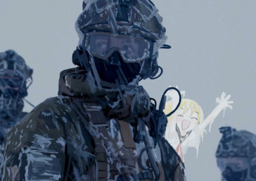1girl 3boys ^_^ ahoge arms_up black_eyes black_sailor_collar blonde_hair blurry blurry_background blush closed_eyes coat combat_helmet covered_mouth derivative_work excited frozen goggles green_coat grey_background headphones helmet highres ii_(wired_) load_bearing_vest looking_to_the_side mask military mouth_mask multiple_boys neck_ribbon null-meta open_mouth photo-referenced red_ribbon ribbon sailor_collar school_uniform serafuku shirt short_sleeves smile snow snowing sunglasses tactical_clothes uozumi_kurumi upper_body walkie-talkie white_shirt