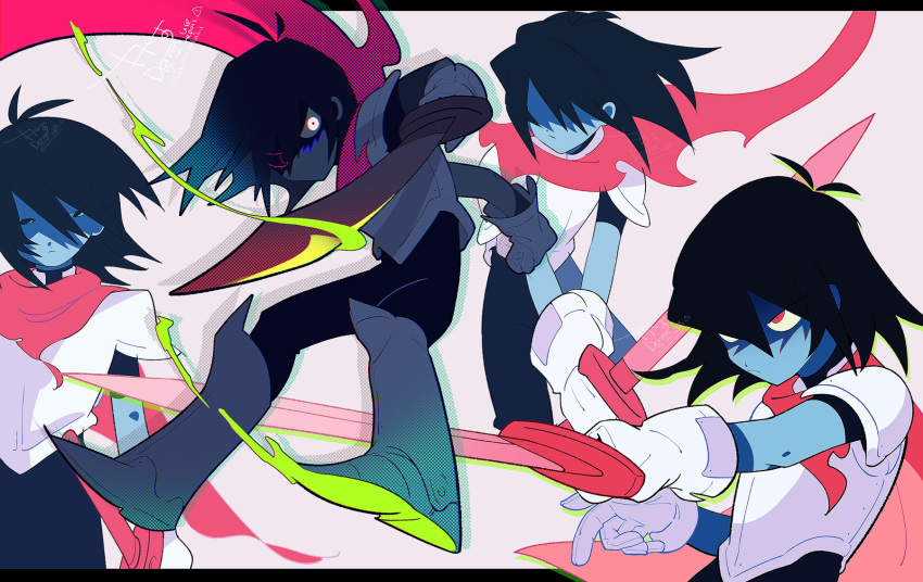 1other armor black_bodysuit black_eyes black_hair blue_skin bodysuit boots cape closed_mouth colored_skin deltarune gloves hair_between_eyes highres holding holding_sword holding_weapon kris_(deltarune) multiple_views other_focus red_cape red_eyes senjochi_janai simple_background sword torn_cape torn_clothes twitter_username weapon white_gloves