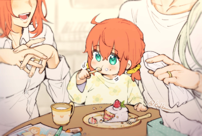 1boy 2girls ahoge bedivere_(fate) breasts cake child child's_drawing commentary crayon cup eating family fate/grand_order fate_(series) father_and_daughter food food_on_face fork fujimaru_ritsuka_(female) green_eyes hair_ornament hair_over_shoulder hair_scrunchie holding holding_fork if_they_mated jewelry kulissara-aung low_twintails mother_and_daughter multiple_girls open_mouth orange_hair ring scrunchie small_breasts smile symbol-only_commentary teacup tissue_box twintails twitter_username wedding_ring