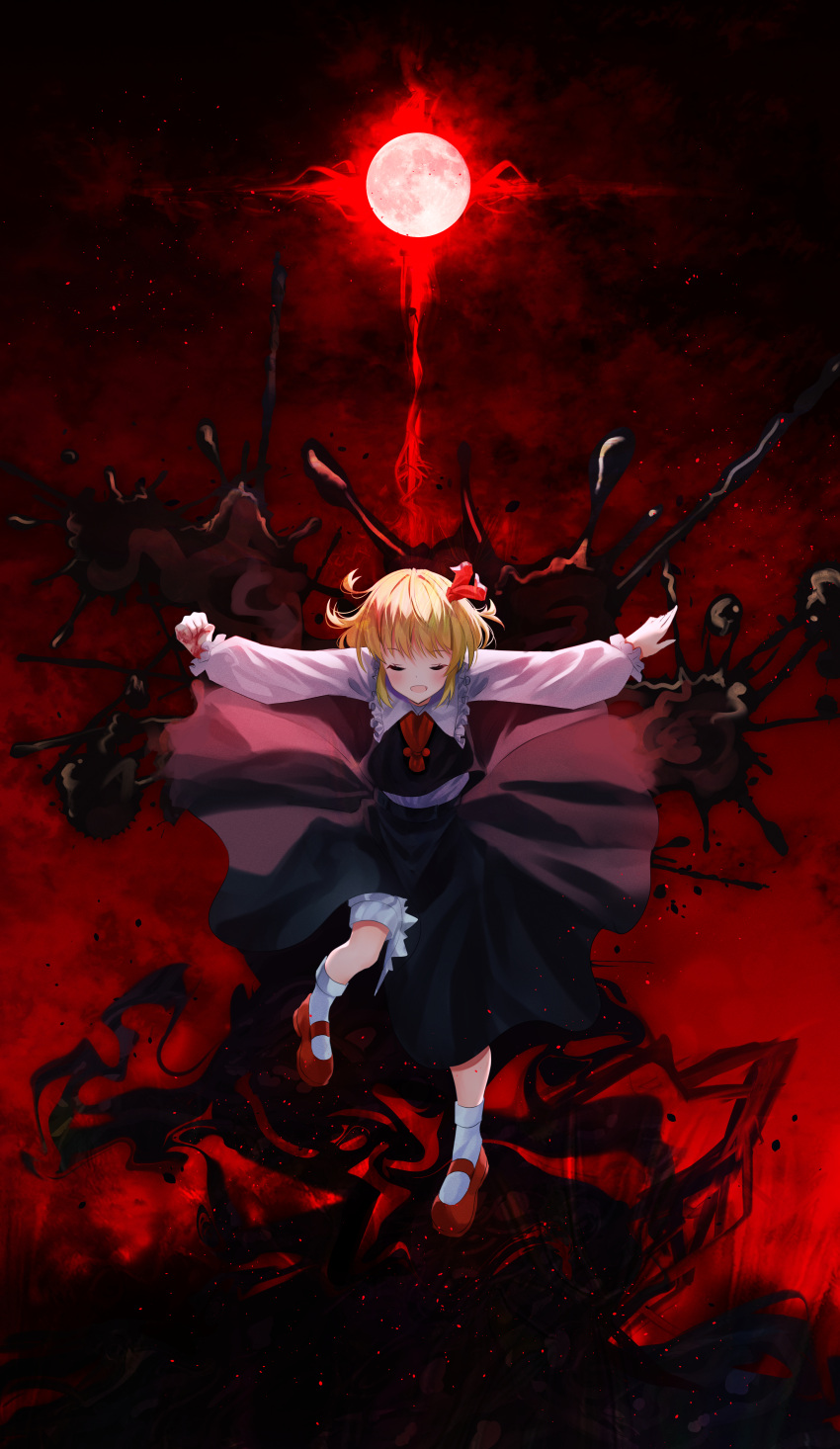 1girl absurdres black_skirt black_vest blonde_hair blood blood_on_hands bloomers closed_eyes darkness fang frilled_shirt_collar frills hair_ribbon highres long_sleeves mary_janes moon necktie nettian51 red_footwear red_moon red_necktie red_ribbon ribbon rumia shirt shoes skirt skirt_set socks solo touhou underwear vest white_shirt