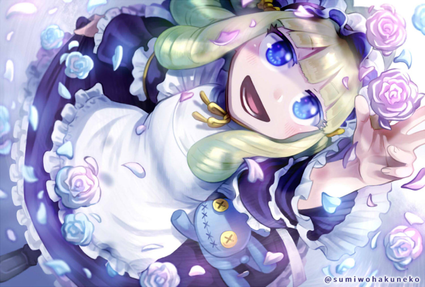1girl alice_(housamo) apron blonde_hair blue_eyes blunt_bangs button_eyes dress drill_hair flower foot_out_of_frame frilled_apron frilled_dress frills gothic_lolita gradient_hair green_hair hairband lolita_fashion lolita_hairband long_hair long_sleeves multicolored_hair open_mouth outstretched_arm petals ribbon ringlets rose rose_petals smile solo stuffed_animal stuffed_toy sumi_wo_hakuneko tokyo_afterschool_summoners twitter_username yellow_ribbon
