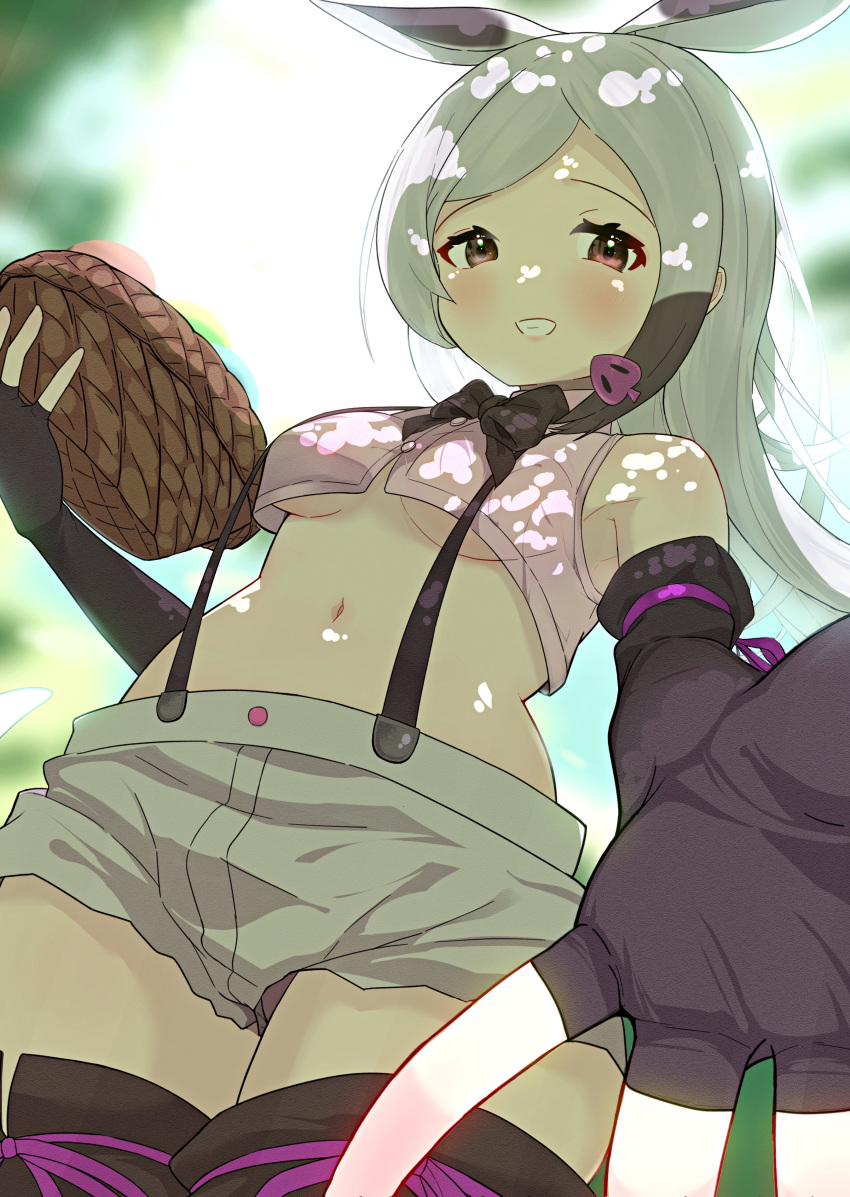 1girl aardvark_(kemono_friends) absurdres animal_ears basket beckoning black_bow black_bowtie blurry blurry_background bow bowtie breasts brown_hair buttons collared_shirt cowboy_shot cropped_shirt dappled_sunlight day elbow_gloves extra_ears fingerless_gloves foreshortening from_below gakukuru gloves grey_hair grey_shorts grin hair_ornament hairclip hand_up highres holding holding_basket kemono_friends kemono_friends_3 light_blush long_hair looking_at_viewer midriff multicolored_hair navel no_bra outdoors outstretched_arm outstretched_hand panties panty_peek parted_bangs pink_shirt red_eyes shirt short_shorts shorts sleeveless sleeveless_shirt small_breasts smile solo spread_fingers stomach sunlight suspenders thigh-highs two-tone_hair under_boob underwear upshorts wing_collar